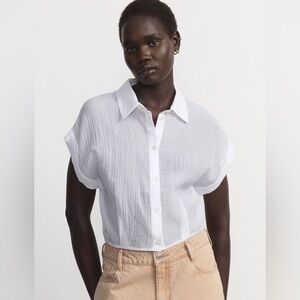Frank & Oak White Boxy Button Down Shirt with Notched Collar